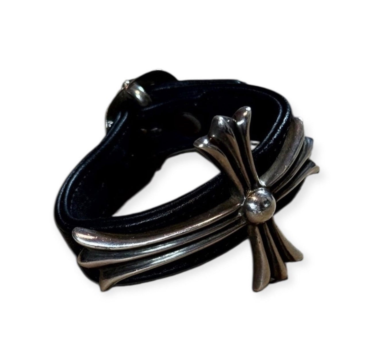 Chrome Hearts Large Bent Cross Gunslinger Adjustable Leather Bracelet