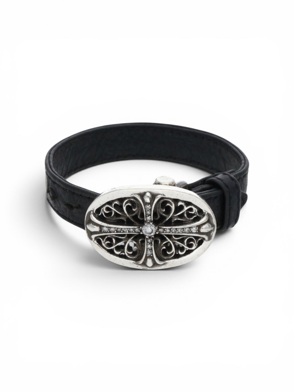 Chrome Hearts Diamond Pave Oval Keeper Adjustable Leather Bracelet