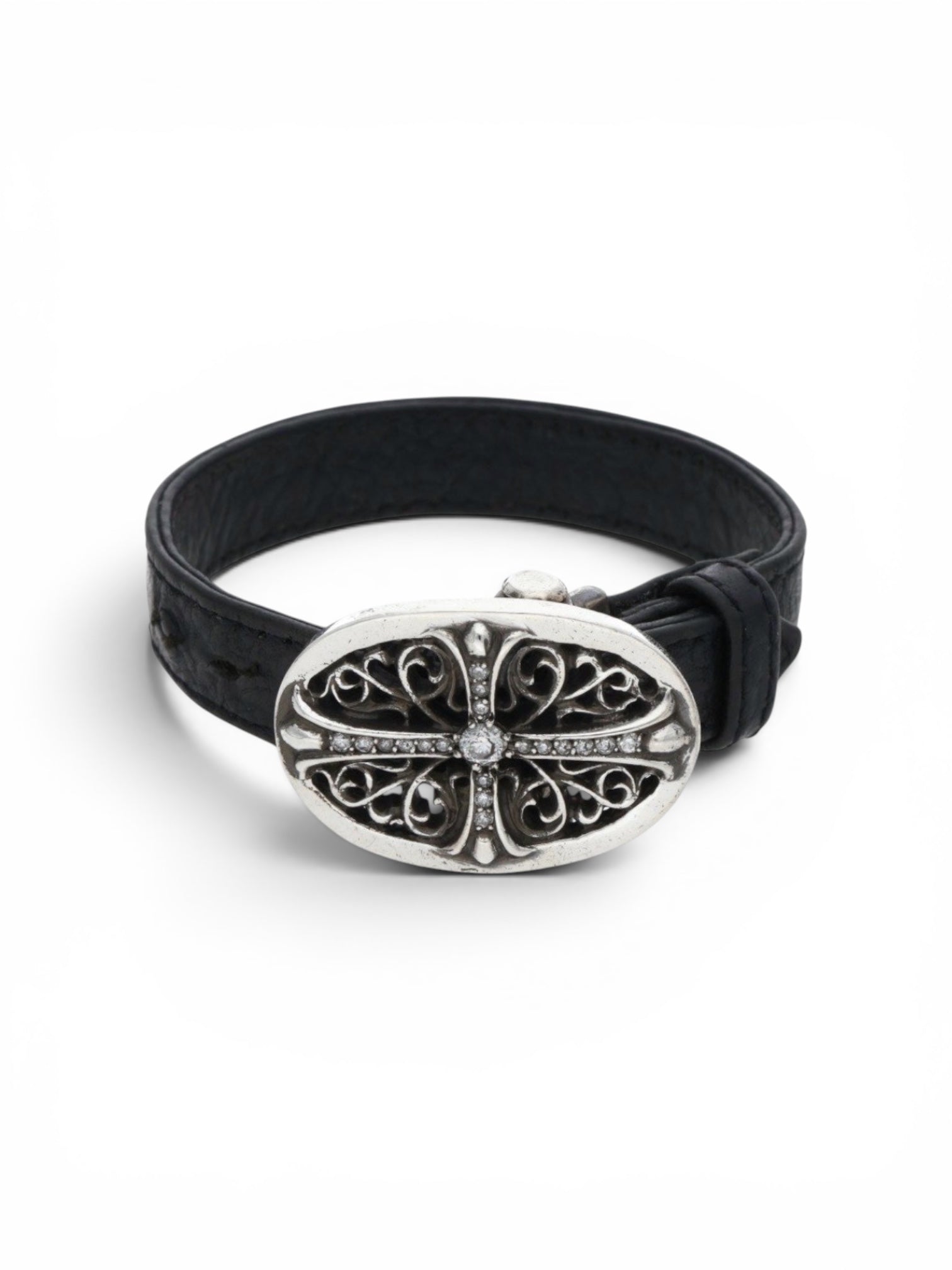 Chrome Hearts Diamond Pave Oval Keeper Adjustable Leather Bracelet