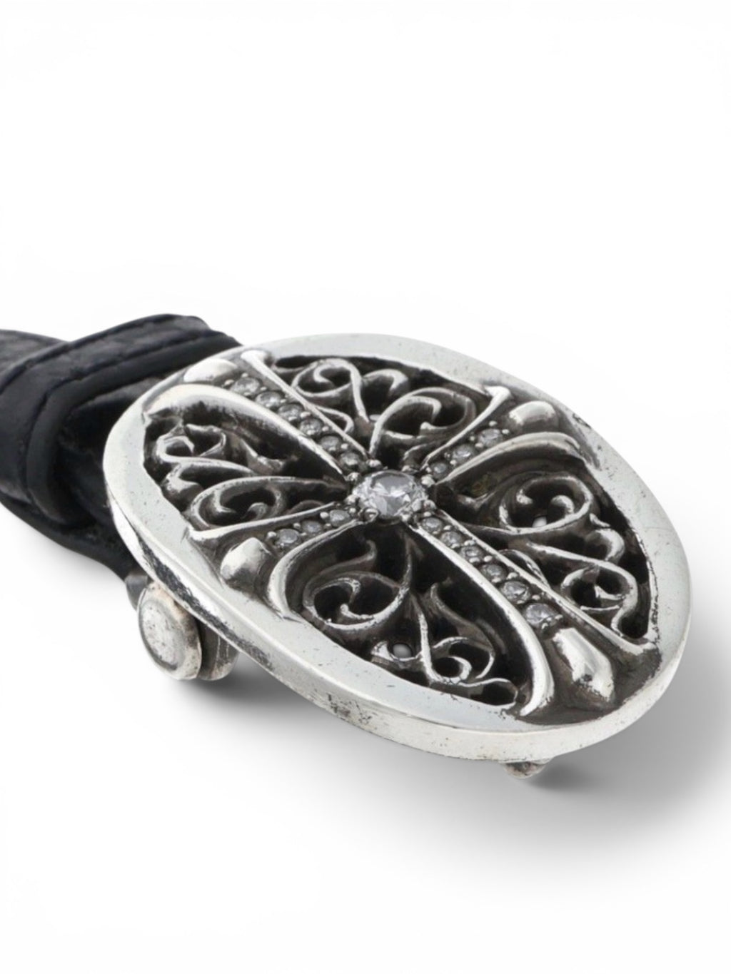 Chrome Hearts Diamond Pave Oval Keeper Adjustable Leather Bracelet