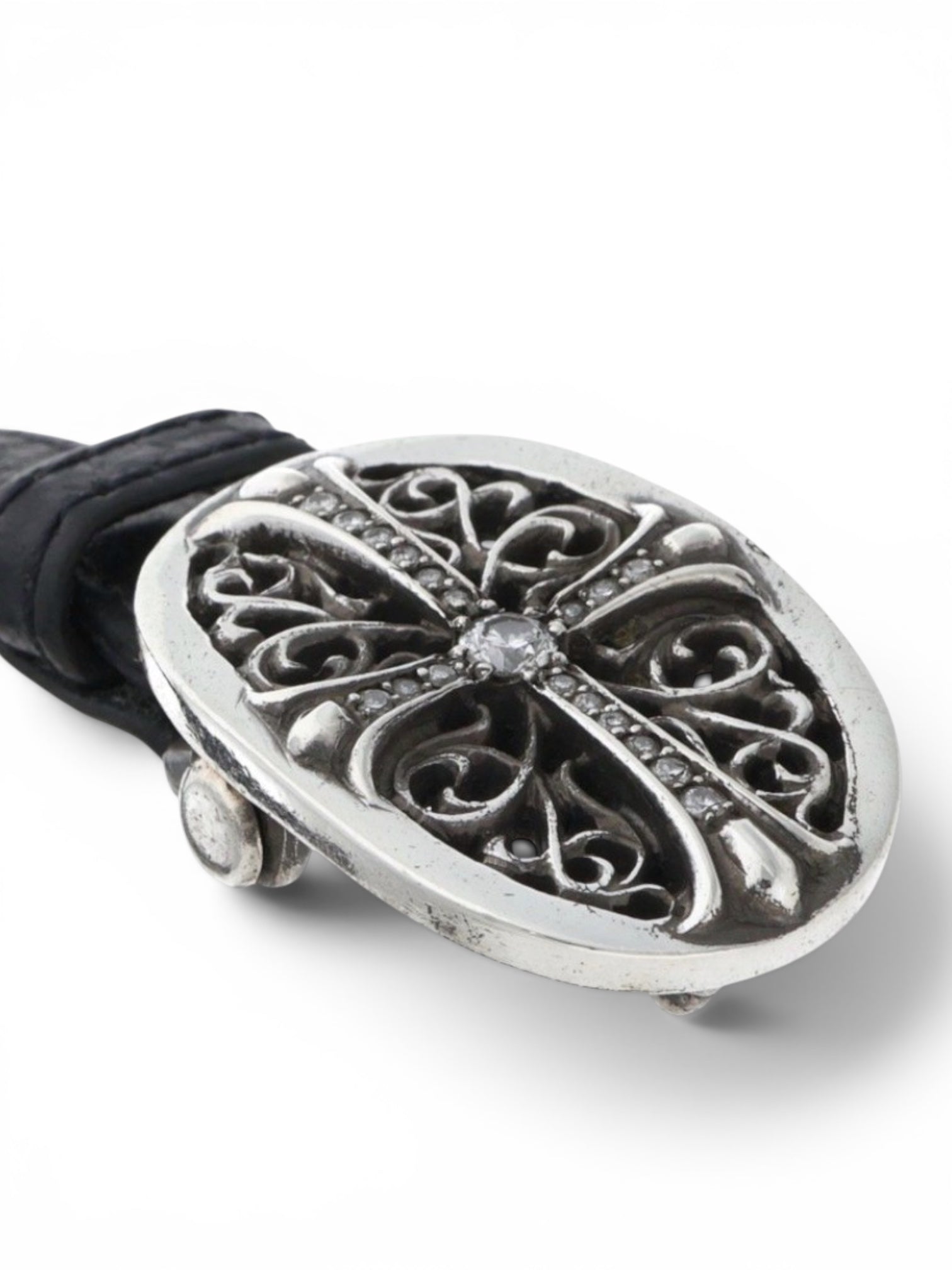 Chrome Hearts Diamond Pave Oval Keeper Adjustable Leather Bracelet